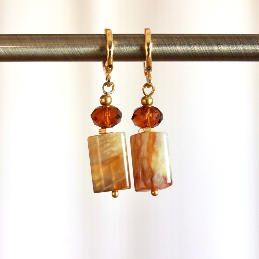 Gold Tone Leverback Drop Earrings Amber Crystal Natural Stone‎ Jasper Dangle